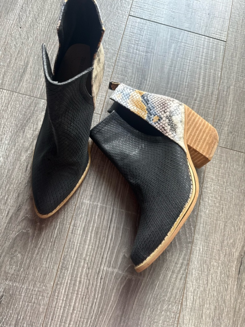 Black Ankle Booties with Snake-Print Heel Accent